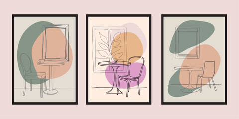 Minimal illustration of a caf&eacute; table with one chair, simple lines, soft neutral palette, calm morning mood, modern minimalist wall art