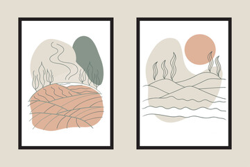 Simple abstract landscape with rolling hills and rising steam shapes, muted browns and soft gray tones, minimalist caf&eacute; wall art