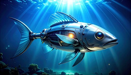 Futuristic robotic fish underwater, metallic body with gears and translucent fins, illuminated in blue tones.