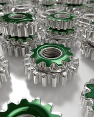 Detailed Close Up Of Stacked Metal Gears With Green Accents
