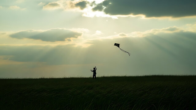 A person flying a kite in a wide open field under a dramatic sky with sun rays breaking through the clouds at sunset.