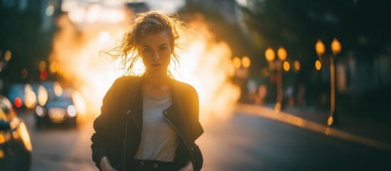 Strong young woman with windblown hair standing confidently in front of a dramatic fiery explosion on a city street at dusk, vibrant firelight illuminating her silhouette