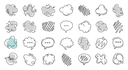 Obraz premium Creative set of hand drawn doodle style speech bubbles, thought clouds, and abstract shapes in black and blue on a clean white background.