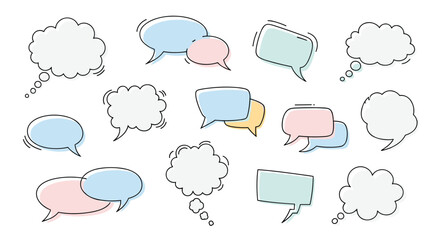 Set of colorful hand drawn speech bubbles and thought clouds in pastel shades of blue, pink, and yellow with various dashed outlines.