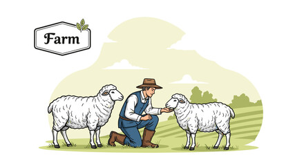 Peaceful scene of a farmer kneeling in a lush green field to pet a fluffy white sheep while another sheep grazes calmly nearby.