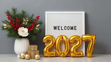 Welcome 2027 New Year Decoration with Golden Balloons and Festive Interior