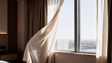 自然光が差し込むカーテンと窓周りを主役にしたホテル客室のミニマル室内写真