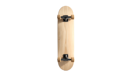 Overhead shot of a light-colored wooden skateboard against a stark black background. It appears to be new, with trucks and wheels. Minimalist presentation