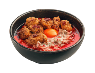 Fried chunks & egg in dark bowl with red sauce