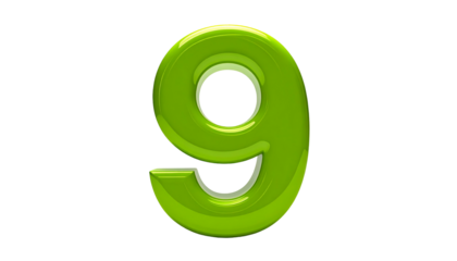 Glossy, green-colored digit "9" with a 3D effect floats against a stark black background. It appears shiny, curved, and stylized with a reflective quality