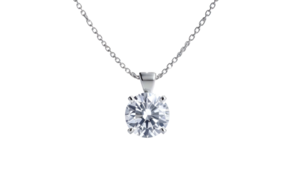 Close-up studio photograph of a gleaming, single-stone pendant necklace with a brilliant, circular gemstone suspended on a delicate silver chain