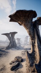 Digital Rendered Desert Landscape With Pixelated Rock Formations