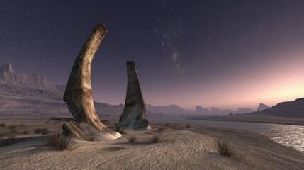 Desert Landscape With Ancient Stone Formations Under Starry Night
