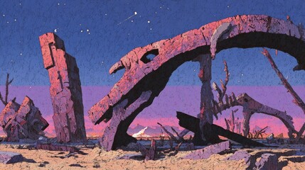 Pixelated Desert Ruins Landscape At Twilight