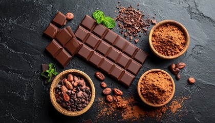 Dark Chocolate Bar With Cocoa Beans And Powder On Dark Surface.