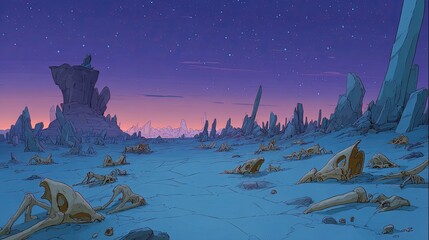 Pixelated Desert Landscape At Dusk With Ruined Structures