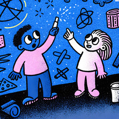 Kids exploring science concepts together in vibrant comic style illustration with colorful doodles