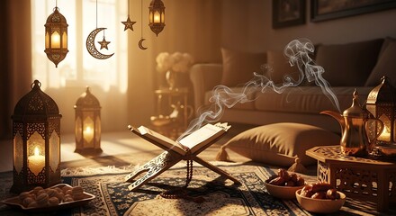 Decorated room with candles and traditional lanterns for festive season