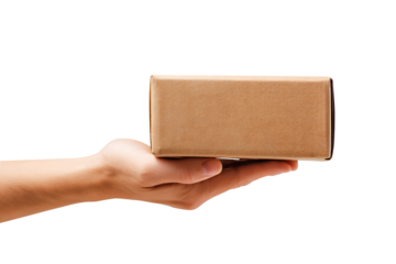 Parcel cardboard brown box for delivery in holding hand man isolated on cut out PNG or transparent background. Package is presented with care and readiness. Hand Postman. 