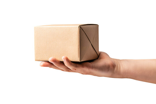 Parcel cardboard brown box for delivery in holding hand man isolated on cut out PNG or transparent background. Hand Postman. Package is presented with care and readiness.