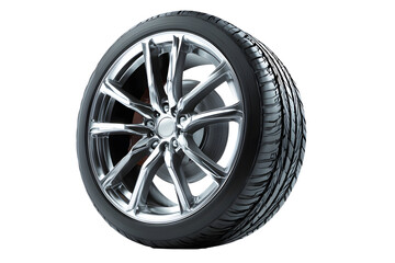 Fototapeta premium Black tire with wheel alloy isolated on cut out PNG transparent background. Transport vehicles transportation. Car wheels rim fluorescent silver chrome mag wheel black performance auto part decoration