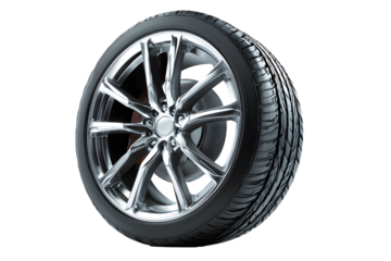 Black tire with wheel alloy isolated on cut out PNG transparent background. Transport vehicles transportation. Car wheels rim fluorescent silver chrome mag wheel black performance auto part decoration