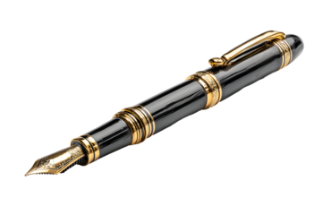 Stylish black fountain black pen vintage style. Realistic equipment stationery template pattern. Isolated on cut out PNG or transparent background. Fountain pen is that can hold ink in cartridge. 