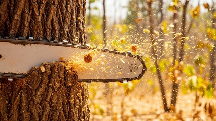 A chainsaw cutting into a tree trunk with sawdust flying in a sunlit forest.