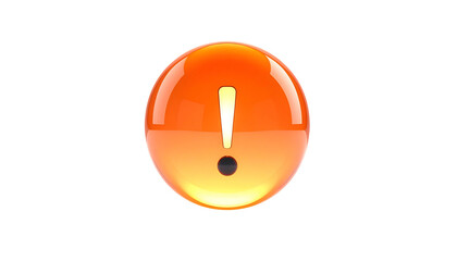 A vibrant, glossy orange sphere with a white exclamation point and a small black dot, set against a stark black backdrop