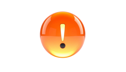 A vibrant, glossy orange sphere with a white exclamation point and a small black dot, set against a stark black backdrop