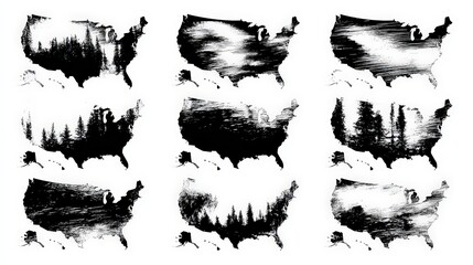 Black And White Abstract Collage Of United States Map Silhouettes On White Background