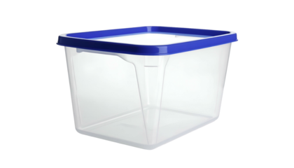 A transparent square plastic container with a blue lid, empty against a black background. Good light and shadow