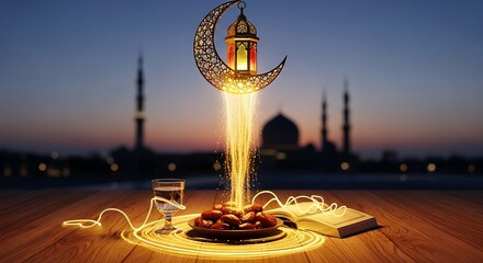 Decorative crescent moon lantern with dates and book under twilight sky