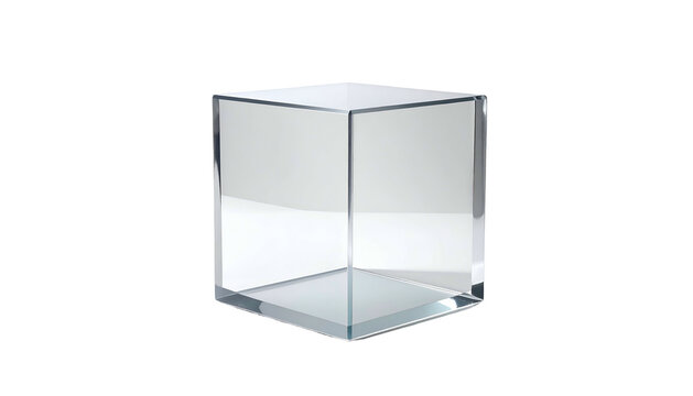A transparent, three-dimensional cube rendered against a stark black background, showcasing its geometric structure and reflective surfaces