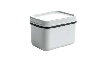 A square-shaped, white container with a matching lid. A black band encircles the middle. The container rests against a stark black background