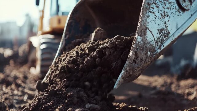 Excavator bucket scooping soil at construction site