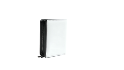 A sleek, white, zippered wallet against a black background. The design is minimalist, showing a clean, rectangular shape