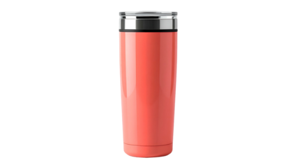 A sleek, tall, insulated travel tumbler in a vibrant coral-orange hue with a silver rim and lid, isolated on a black background