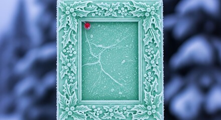 Decorative frame with icy pattern and red detail on blurred background