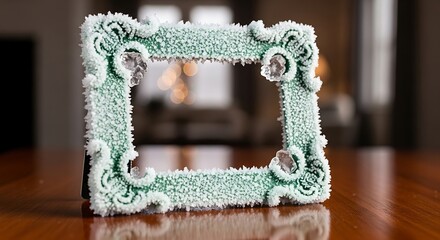 Decorative frame with ornate design and frosted texture on reflective surface
