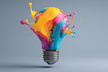 Colorful Paint Splatter Exploding From Lightbulb Against Gray Backdrop