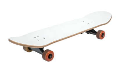 A skateboard, blank deck, natural wood edge, four wheels, black axles, and shadow. It is a 3D product rendering