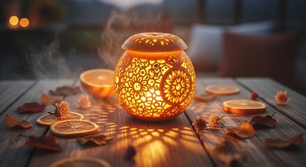 Decorative illuminated lantern with sliced oranges on a wooden table