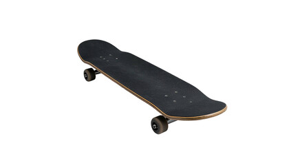 A skateboard, angled slightly, sits against a solid black background. Its matte black deck contrasts with the natural wood sides and small wheels