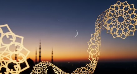 Decorative islamic pattern at dusk with crescent moon and city silhouette