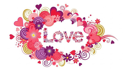 A colorful floral wreath with hearts and the word love in a decorative font