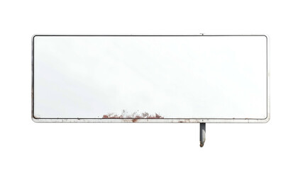 A rectangular, white sign with a rusty lower section and a metallic frame. It is blank, mounted with a curved support pole on a black background