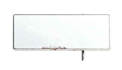 A rectangular, white sign with a rusty lower section and a metallic frame. It is blank, mounted with a curved support pole on a black background