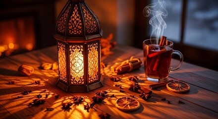 Decorative lantern and warm drink on wooden table creating cozy atmosphere