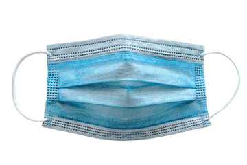 Blue surgical mask, folds, white elastic loops on black